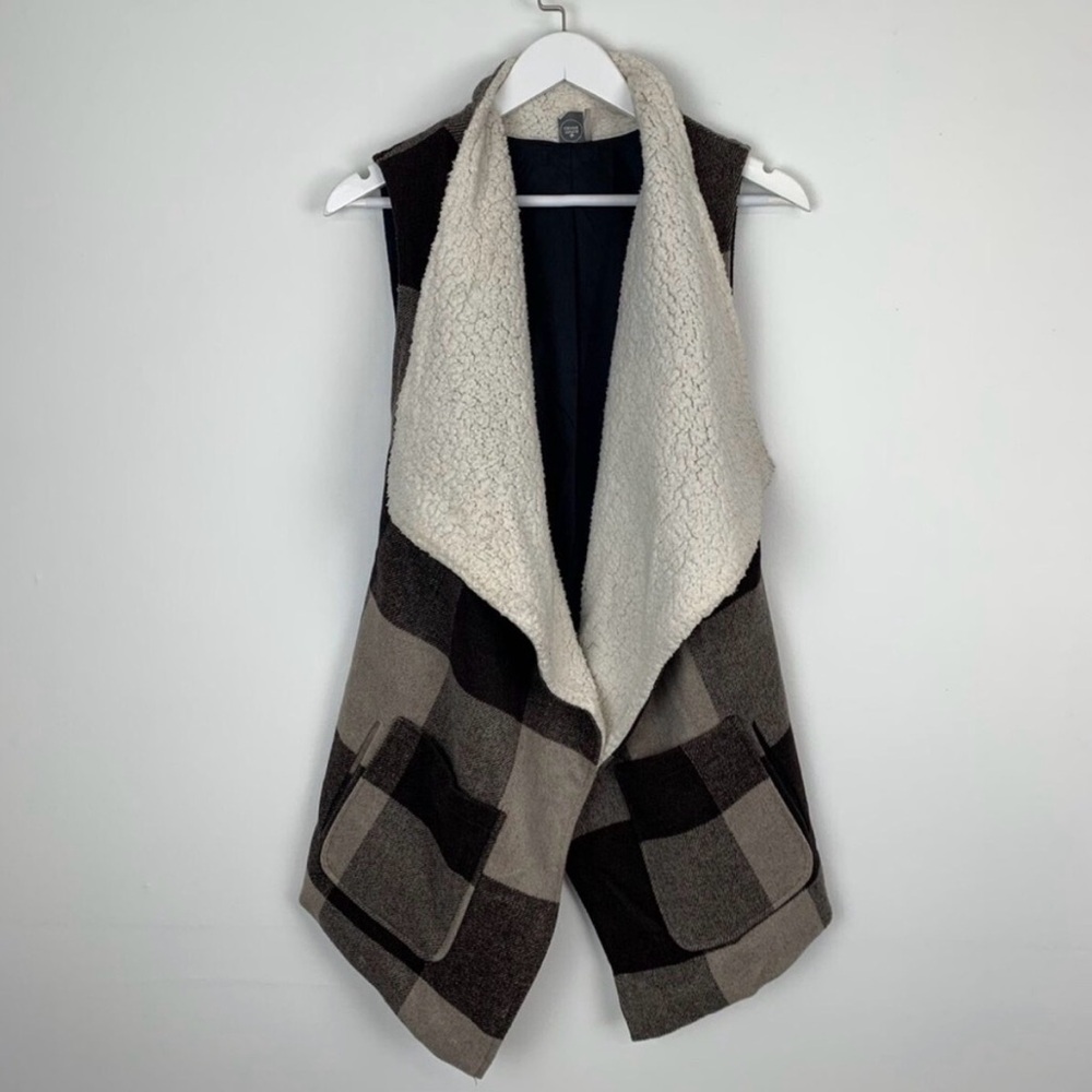 JUSTIQUE Shearling Faux Fur Sherpa Fleece Lined Brown Plaid Check Wool Vest